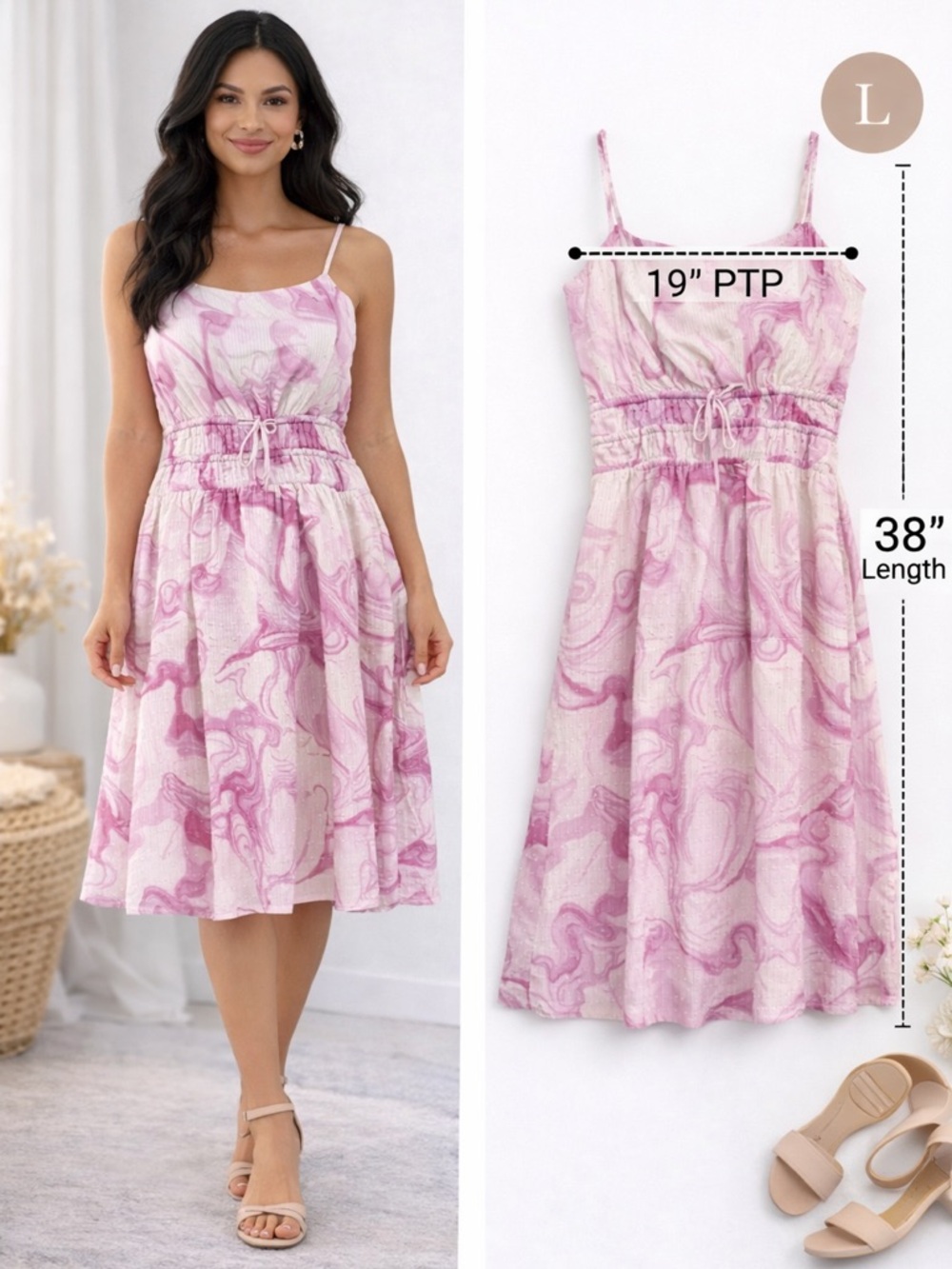 Lush Pink Marble Print Spaghetti Strap Midi Dress